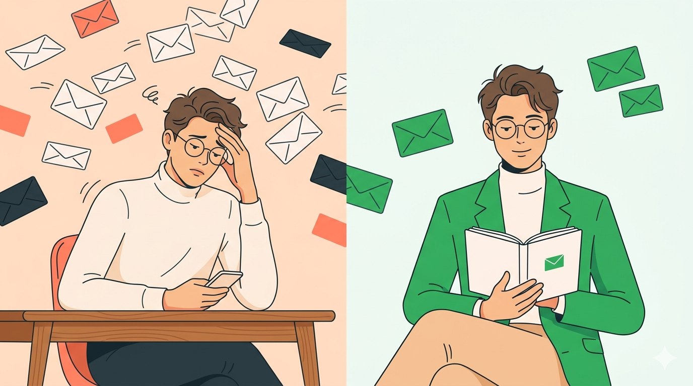 Left: a person overwhelmed by a flood of emails. Right: the same person calmly reading an organized notebook.